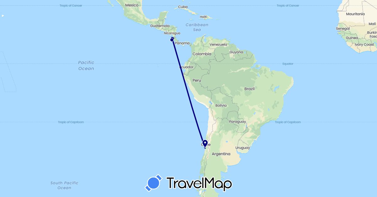 TravelMap itinerary: driving in Chile, Costa Rica (North America, South America)